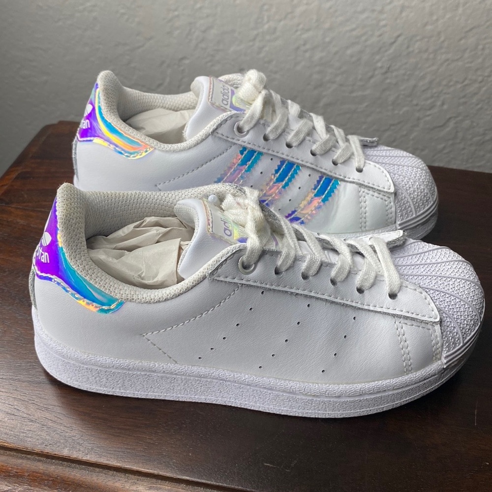 ADIDAS SUPERSTAR SHOES WITH SHINY IRIDESCENT DETAILS. SIZE 11K - Picture 2 of 8